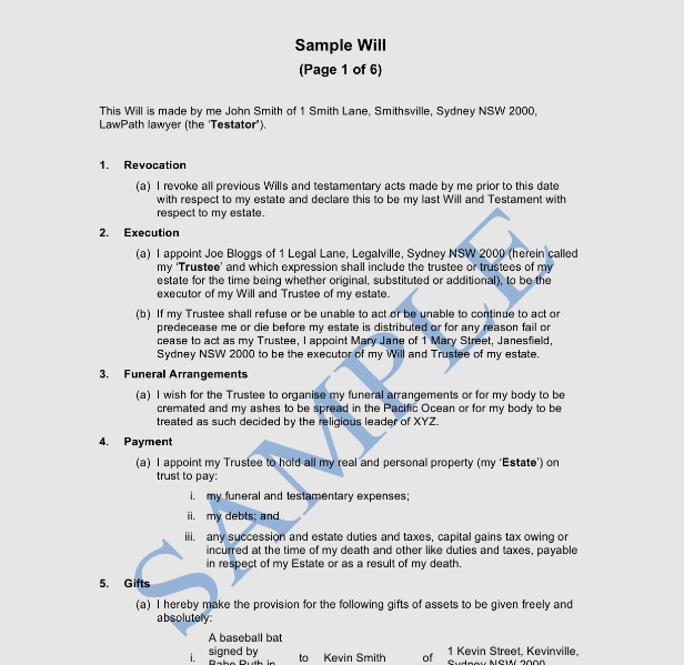 Last Will and Testament Sample - The U.S. Will Registry